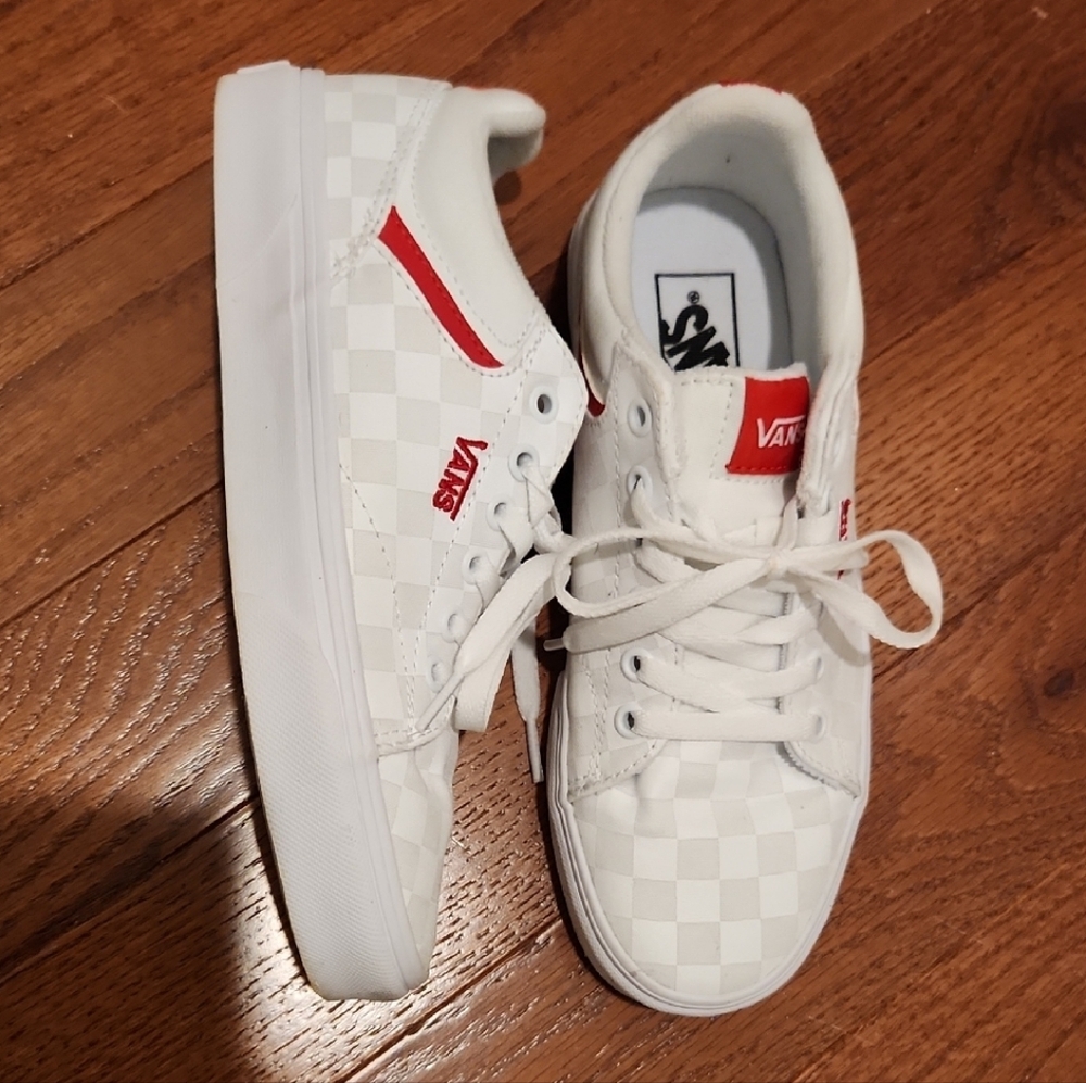 Vans White Checkered W/Red Accent Sneakers. Only Worn 1x. Like Brand New. 7.5